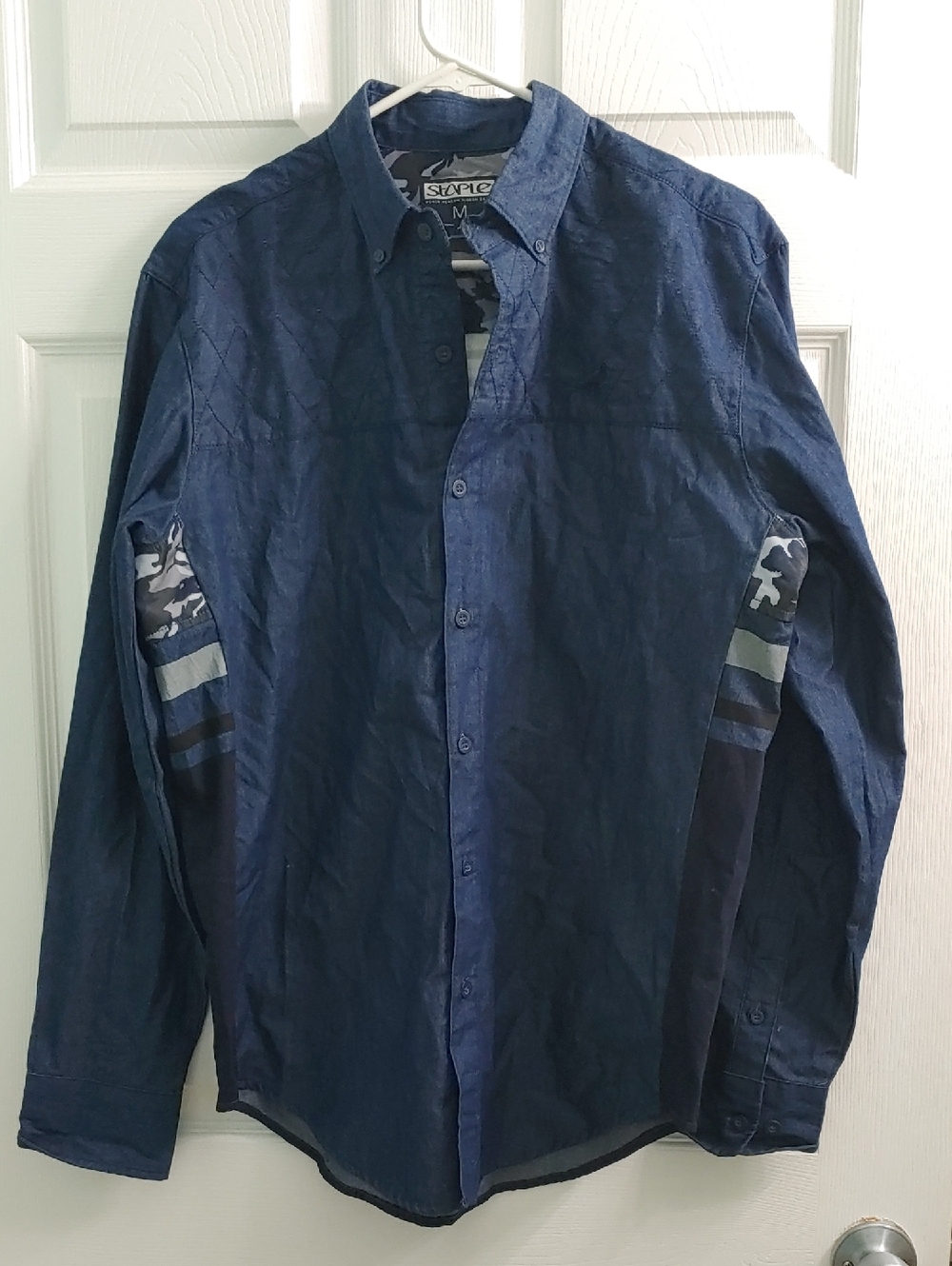 Staple Pigeon Button Down Men's Navy Blue Chambray Camo Striped Shirt Size M